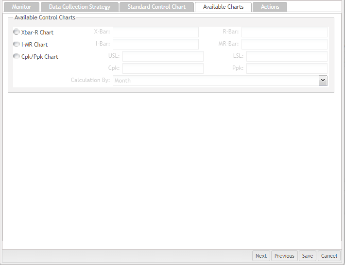 Available Control Charts for Continuous control charts