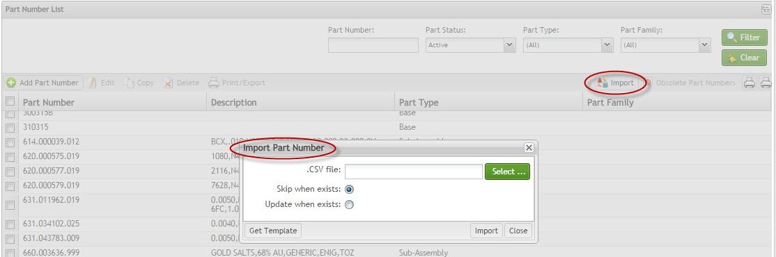 Import Part Numbers