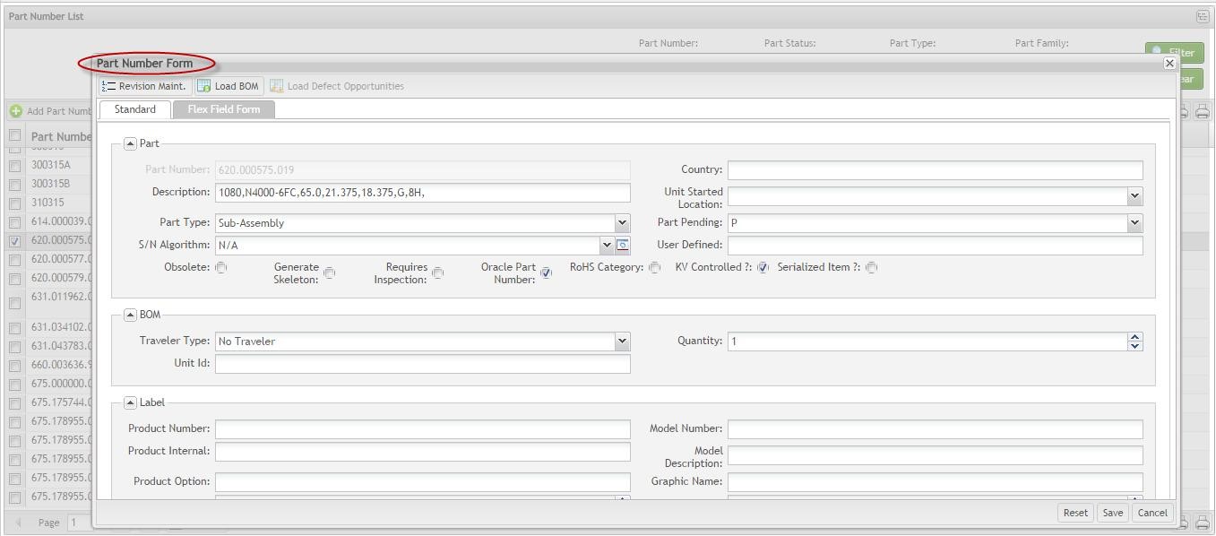 Edit Part Number Form