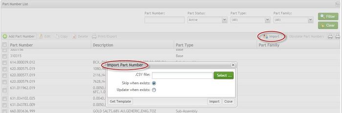 Import Part Numbers